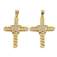 Brass Micro Pave Clear Cubic Zirconia Pendants, Long-Lasting Plated, Cross, Real 18K Gold Plated, 35.5x26x2mm, Hole: 2.5x4.5mm(ZIRC-J025-34G)