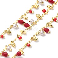 Handmade Brass Curb Chains, with Glass Charms, Real 18K Gold Plated, Soldered, with Spool, Red, 3mm(CHC-K014-09G-01)