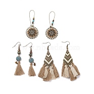 3 Pairs 3 Style Flat Round & Rhombus Alloy Enamel Dangle Earrings with Synthetic Turquoise, Bohemian Big Cotton Tassels Drop Earrings with Wood Beads for Women, Antique Bronze, 67~90mm, 1 Pair/style(EJEW-P200-05AB)