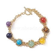 Natural & Synthetic Mixed Gemstone Chakra Beaded Bracelet with Mesh Chains, Golden 304 Stainless Steel Braided Bracelet for Women, 7-5/8 inch(19.5cm)(BJEW-JB09007)