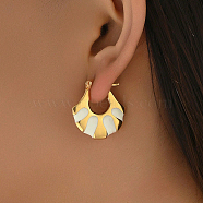 Fashionable Delicate Simple Color Block Fan-shaped Stainless Steel Hoop Earrings for Women, with Enamel, Golden, White, 27x25mm(LW7077-4)