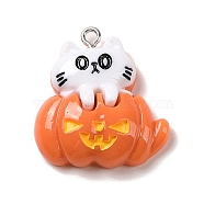Opaque Resin Pendants, Halloween Charms with Platinum Tone Alloy Loops, White, Cat Shape with Pumpkin, 28~28.5x24.5~25.5x8.5~9mm, Hole: 1.5mm(RESI-K020-04B-02)