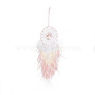 Iron Woven Web/Net with Feather Pendant Decorations, with Plastic and Strawberry Quartz Stone Beads, Covered with Leather Cord, Flat Round with Tree of Life, Pink, 680mm(AJEW-B017-08)