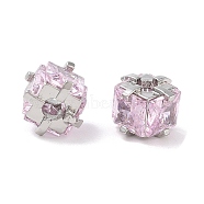 Brass Micro Pave Cubic Zirconia Beads, Square, Pearl Pink, Platinum, 8x8x6.5mm, Hole: 1.8mm(KK-B102-31P-02)