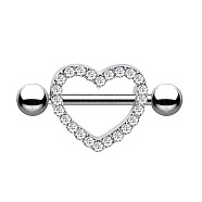 Stainless Steel Micro Pave Cubic Zirconia Nipple Rings, Nipple Piercing Pin, Heart, Clear, 16mm, Pin: 1.6mm, Head: 5mm(WG80671-06)