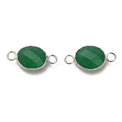925 Sterling Silver Connector Charms, with Faceted Glass, Oval, Real Platinum Plated, Dark Green, 8.5x17.5x4.7mm, Hole: 2mm(STER-H110-20D)