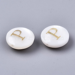 Natural Freshwater Shell Beads, with Golden Plated Brass Etched Metal Embellishments, Flat Round, Seashell Color, Letter.P, 8x3~5mm, Hole: 0.5~07mm(SHEL-S266-12P)