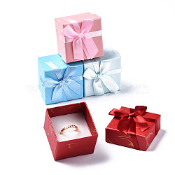 Cardboard Jewelry Ring Box, with Bowknot Ribbon Outside and White Sponge Inside, Square, Mixed Color, 5.05x5.05x4.25cm(CBOX-T004-08)
