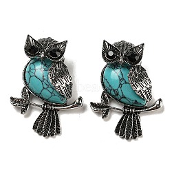 Synthetic Turquoise Dyed Pendants, Antique Silver Plated Owl Charms with Blak Glass, 45x33.5x19mm, Hole: 8x9.5mm(G-H308-01AS-05)