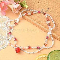 Resin Strawberry Pendant Necklace, ABS Plastic Imitation Pearl & Natural Rose Quartz & Synthetic Cherry Quartz Glass Beaded Chains Exquisite Necklace for Women, Red, 18.70 inch(47.5cm)(NJEW-FZ00004-12)