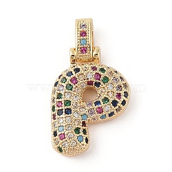 Brass Micro Pave Cubic Zirconia Pendants, Real 18K Gold Plated, Letter P, 23x17x6mm, Hole: 5x3mm(ZIRC-P121-01G-P)