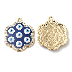 Alloy Enamel Pendants, with Rhinestone, Cadmium Free & Nickel Free & Lead Free, Flower with Evil Eye Pattern, Dark Blue, 28.5x24x3mm, Hole: 1.8mm(PALLOY-E027-VF767-2)