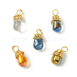 Wire Wrapped Electroplate Glass Pendant, with Brass Findings, Teardrop Charm, Mixed Color, 13.5x6x5.5mm, Hole: 1.5mm(PALLOY-JF02469)