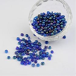 6/0 Transparent Rainbow Colours Round Glass Seed Beads, Blue, Size: about 4mm in diameter, hole:1.5mm, about 495pcs/50g(X-SEED-A007-4mm-168)