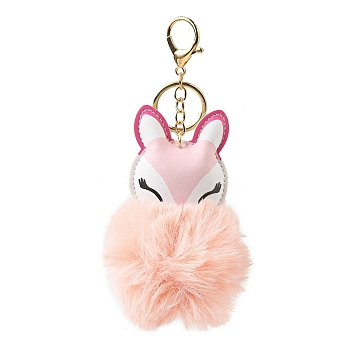 Imitation Rex Rabbit Fur Ball & PU Leather Fox Pendant Keychain, with Alloy Clasp, for Bag Car Pendant Decoration, Pink, 17cm