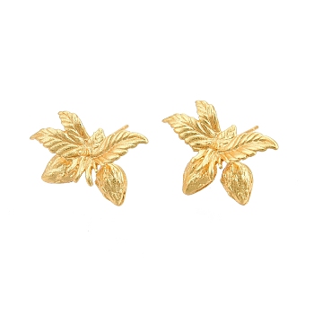 Brass Stud Earring Findings, for Half Drilled Beads, Strawberry with Leaf, Nickel Free, Matte Gold Color, 20x12mm, Pin: 0.7mm