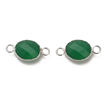 925 Sterling Silver Connector Charms, with Faceted Glass, Oval, Real Platinum Plated, Dark Green, 8.5x17.5x4.7mm, Hole: 2mm