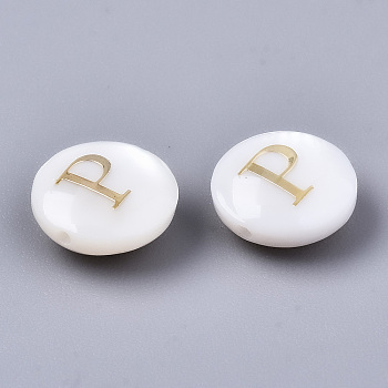 Natural Freshwater Shell Beads, with Golden Plated Brass Etched Metal Embellishments, Flat Round, Seashell Color, Letter.P, 8x3~5mm, Hole: 0.5~07mm