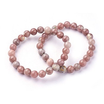 Natural Plum Blossom Jade Beads Stretch Bracelets, Round, 2 inch~2-1/8 inch(5.2~5.5cm), Beads: 8~9mm