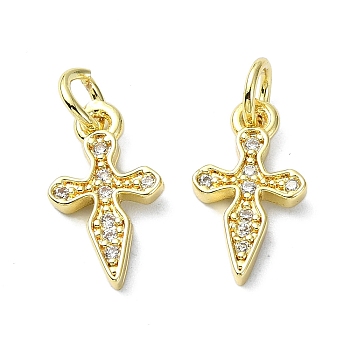 Rack Plating Brass Micro Pave Clear Cubic Zirconia Pendants, Long-Lasting Plated, Lead Free & Cadmium Free, Sword, Real 18K Gold Plated, 14x7.5x1.5mm, Hole: 5mm