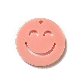 Opaque Acrylic Pendants, Flat Round with Smiling Face, Light Salmon, 19.5x2mm, Hole: 1.4mm
