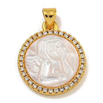 Rack Plating Brass Micro Pave Clear Cubic Zirconia Flat Round Pendants, Carved Natural White Shell Charms, Golden, Angel & Fairy, 22.5x19x3.5mm, Hole: 5X2.5mm