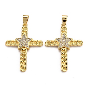 Brass Micro Pave Clear Cubic Zirconia Pendants, Long-Lasting Plated, Cross, Real 18K Gold Plated, 35.5x26x2mm, Hole: 2.5x4.5mm