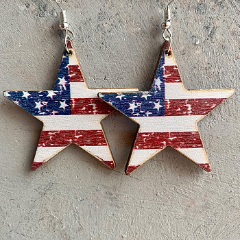 Flag Color Star Wood Dangle Earrings, Independence Day Theme Iron Jewelry for Women, Red, 65mm