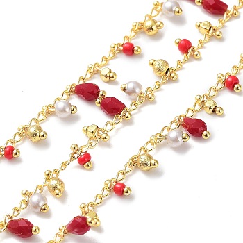 Handmade Brass Curb Chains, with Glass Charms, Real 18K Gold Plated, Soldered, with Spool, Red, 3mm