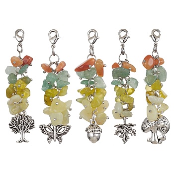 Alloy Charms & Natural Gemstone Chips Beaded Pendant Decoration, with Brass Lobster Claw Clasps, Mixed Shapes, 65~72mm