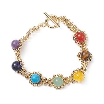 Natural & Synthetic Mixed Gemstone Chakra Beaded Bracelet with Mesh Chains, Golden 304 Stainless Steel Braided Bracelet for Women, 7-5/8 inch(19.5cm)