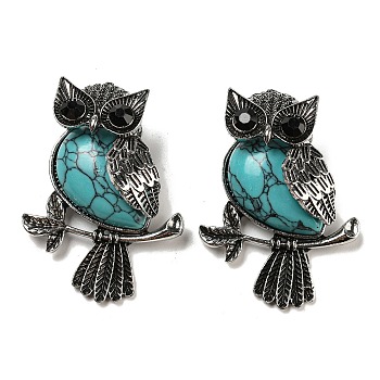 Synthetic Turquoise Dyed Pendants, Antique Silver Plated Owl Charms with Blak Glass, 45x33.5x19mm, Hole: 8x9.5mm