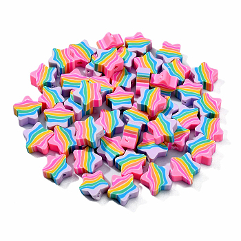200Pcs Handmade Polymer Clay Beads, Star with Stripe Pattern, Colorful, 9.5x9.5x4.5mm, Hole: 1.4mm