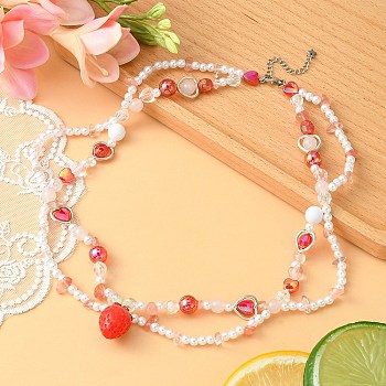 Resin Strawberry Pendant Necklace, ABS Plastic Imitation Pearl & Natural Rose Quartz & Synthetic Cherry Quartz Glass Beaded Chains Exquisite Necklace for Women, Red, 18.70 inch(47.5cm)