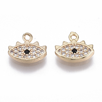 Brass Micro Cubic Zirconia Charms, Nickel Free, Real 18K Gold Plated, Eye, Black & Clear, 10x10x2mm, Hole: 1mm