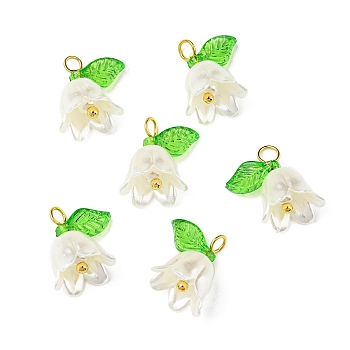 Acrylic Pendants, with Golden Brass Loops, Pearl with Lily of the Valley, White, 13~13.5x10~11.5mm, Hole: 2.5~3mm