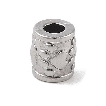 304 Stainless Steel Beads, Column with Paw Print, Stainless Steel Color, 10x8mm, Hole: 4mm