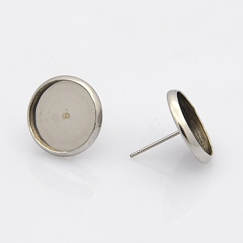 304 Stainless Steel Flat Round Stud Earring Settings, Stainless Steel Color, Tray: 6mm, 8mm, Pin: 0.7mm