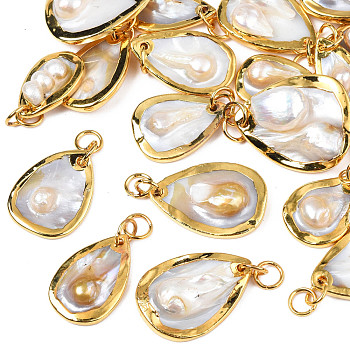 Natural White Shell Pendants, with Light Gold Plated Brass Edge, Teardrop, Seashell Color, 17~21x10~22x3.5~8.5mm, Jump Ring: 6x0.5mm, Inner Diameter: 5mm