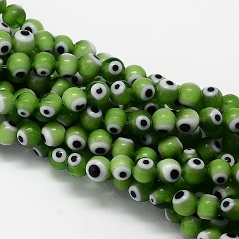 Handmade Evil Eye Lampwork Round Bead Strands, Olive Drab, 8mm, Hole: 1mm, about 49pcs/strand, 14.17 inch