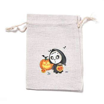 Halloween Cotton Cloth Storage Pouches, Rectangle Drawstring Bags, for Candy Gift Bags, Skull Pattern, 13.8x10x0.1cm