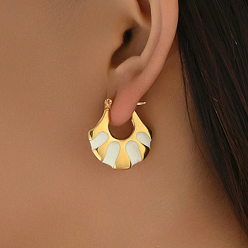 Fashionable Delicate Simple Color Block Fan-shaped Stainless Steel Hoop Earrings for Women, with Enamel, Golden, White, 27x25mm