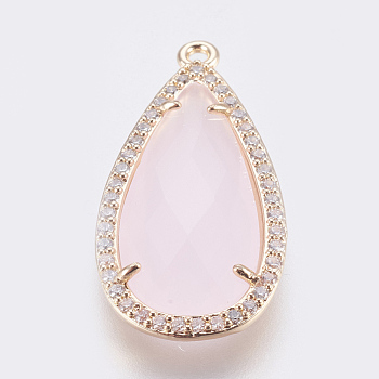 Brass Glass Pendants, with Cubic Zirconia, Faceted, teardrop, Light Gold, Pink, 27.5x14x4mm, Hole: 1.2mm