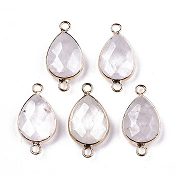 Natural Quartz Links Connectors, with Light Gold Tone Brass Findings, Faceted Teardrop, 27x14x6mm, Hole: 2mm