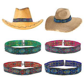 Ethnic Style Embroidery Polyester Ultra Wide Thick Flat Adjustable Hat Band, with Elastic Nylon Cord, for Cowboy Hat, Bend Brim Fedora Hat, Straw Hat Decoration, Mixed Color, 390x33x0.4mm, 4 colors, 1pc/color, 4pcs/box