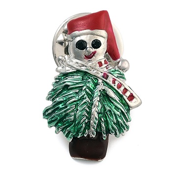 Christmas Theme Alloy Enamel Brooches, for Backpack Clothes, Christmas Tree with Snowman, Platinum, 15.5x23.5mm