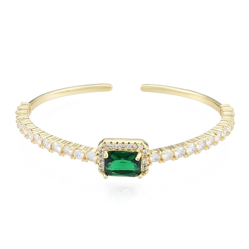 Cubic Zirconia Rectangle Open Cuff Bangle, Real 18K Gold Plated Brass Jewelry for Women, Green, Inner Diameter: 1-3/4x2-1/4 inch(4.6x5.6cm)