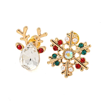 Christmas Alloy Colorful Rhinestone & Plastic Asymmetrical Stud Earrings for Women, with Brass Pins, Golden, Snowflake & Deer, 15.5~17x11~15mm