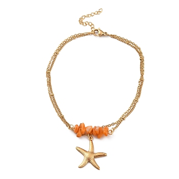 Dyed Natural Shell Chips Charms Anklet, Golden 304 Stainless Steel Chains Double Layer Anklet, Starfish, 8-7/8 inch(22.5cm)