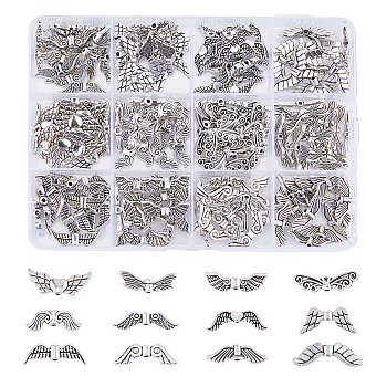 180Pcs 12 Styles Tibetan Style Alloy Beads, Wing, Antique Silver, 7~23x6.5~23x2~3mm, Hole: 1~1.5mm, about 15pcs/style